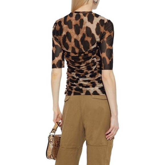 NWT GANNI Ruched Leopard-Print Mesh Top - Picture 5 of 9